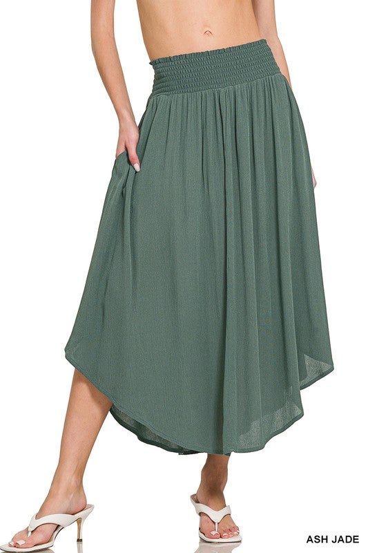 WOVEN CRINKLE SMOCKED WAIST MAXI SKIRT W POCKETS