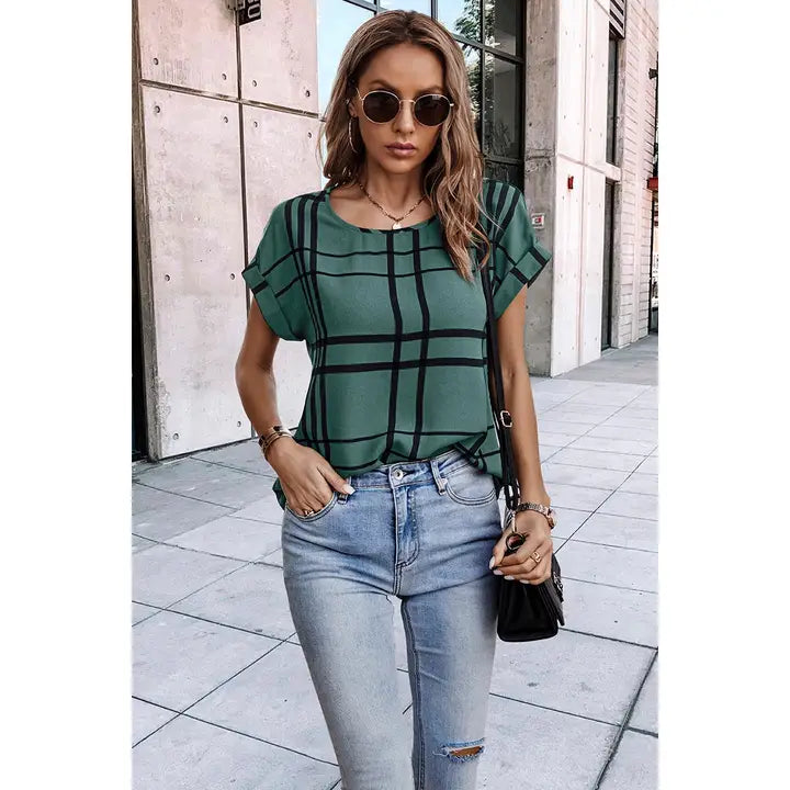 Plaid Print Notched Neckline Batwing Sleeve Blouse