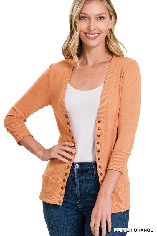 SNAP BUTTON SWEATER CARDIGAN 3/4 SLEEVE