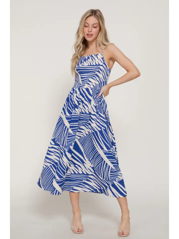 Smocking Detail Printed Texture Knit Cami Long Dress