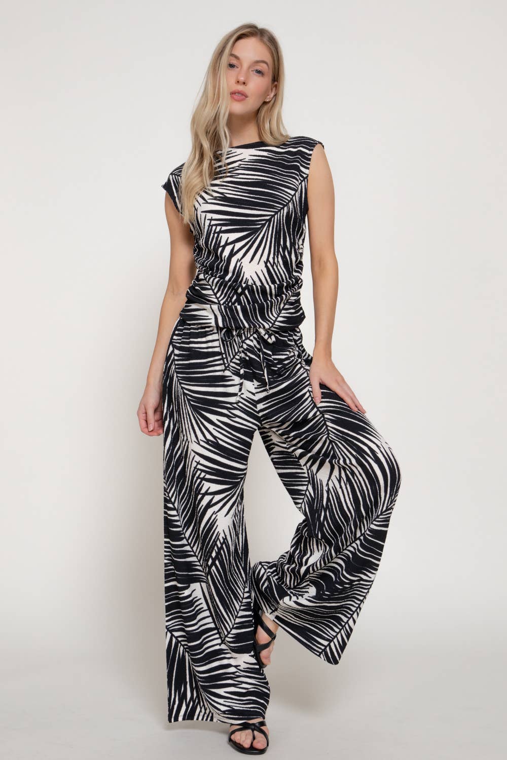 Texture Knit Print Sleeveless Ruched Top & Pants Set