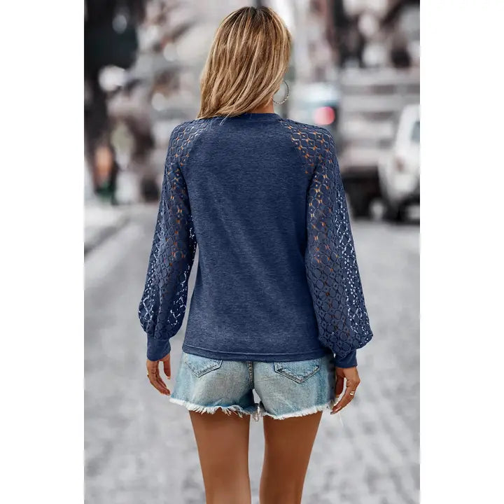 Solid Color Block Hollow Out Lace Ruched Top