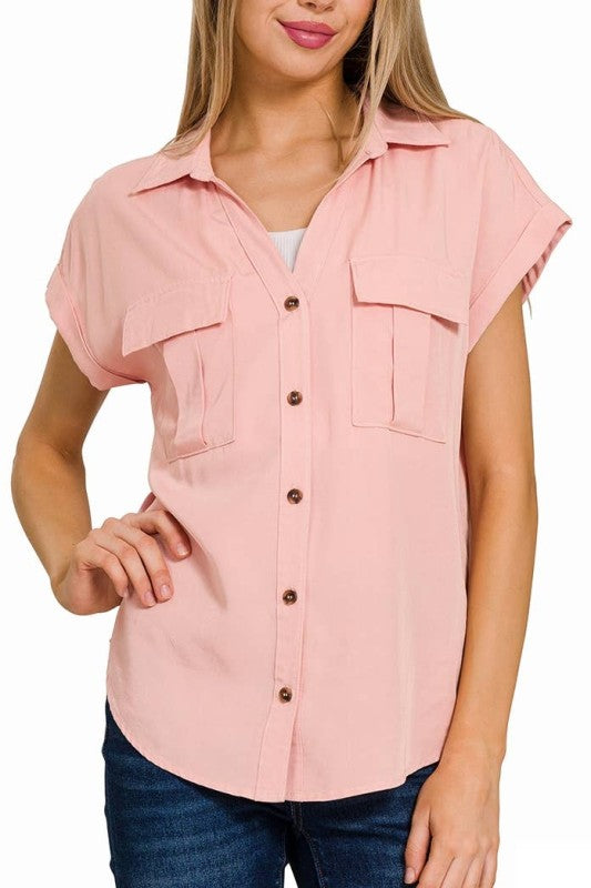 Tencel V-neck Collared Top with Front Flap
