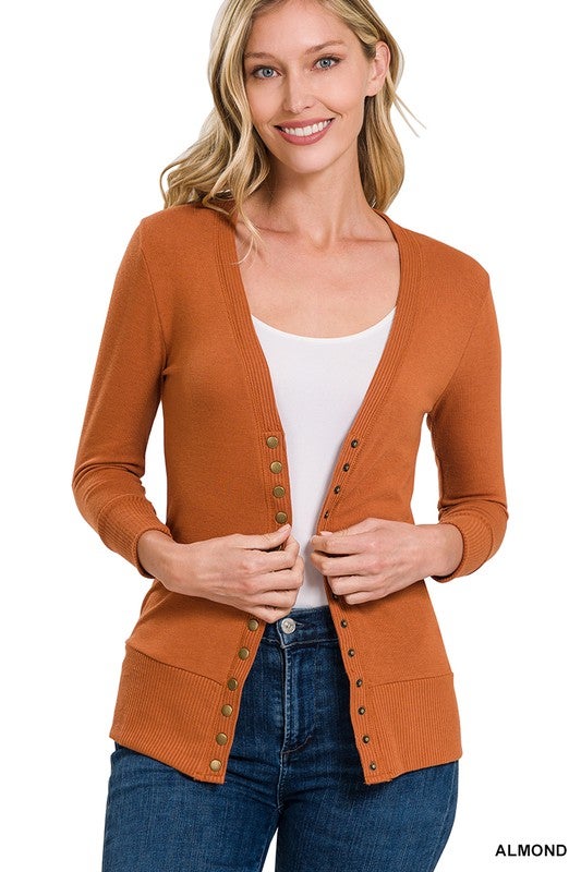 SNAP BUTTON SWEATER CARDIGAN 3/4 SLEEVE