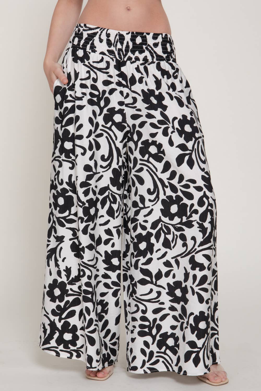 Smocking Detail Waistband Printed Woven Long Pants