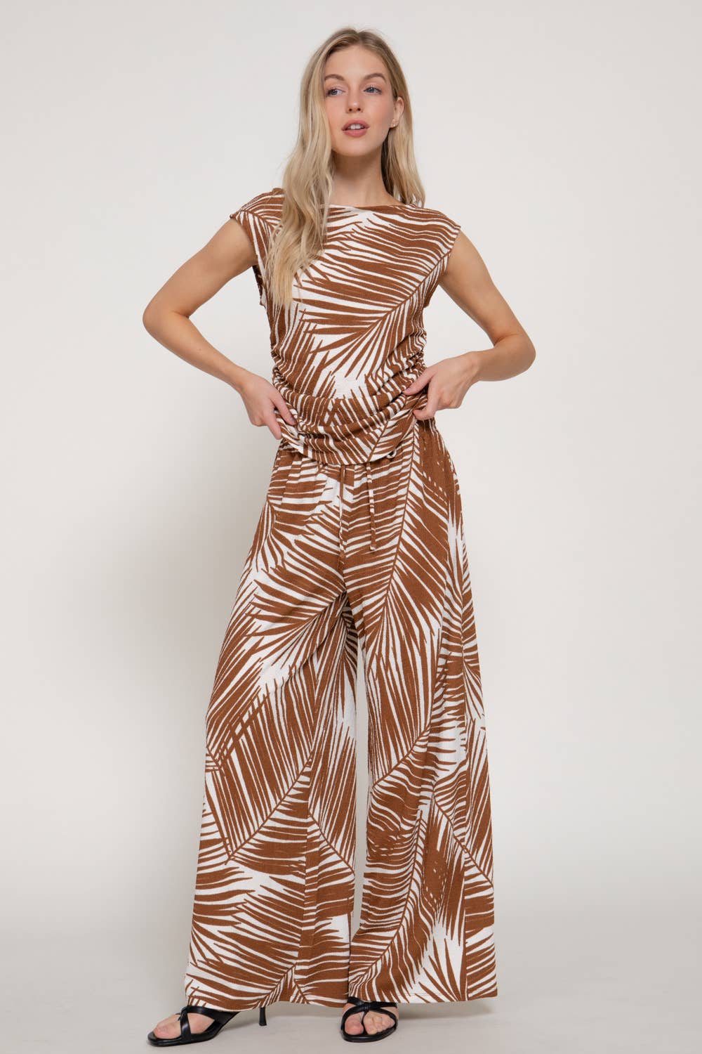 Texture Knit Print Sleeveless Ruched Top & Pants Set