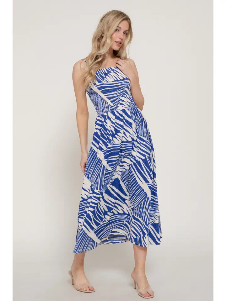 Smocking Detail Printed Texture Knit Cami Long Dress