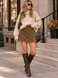 Women's zip up front pockets pleather mini skirt