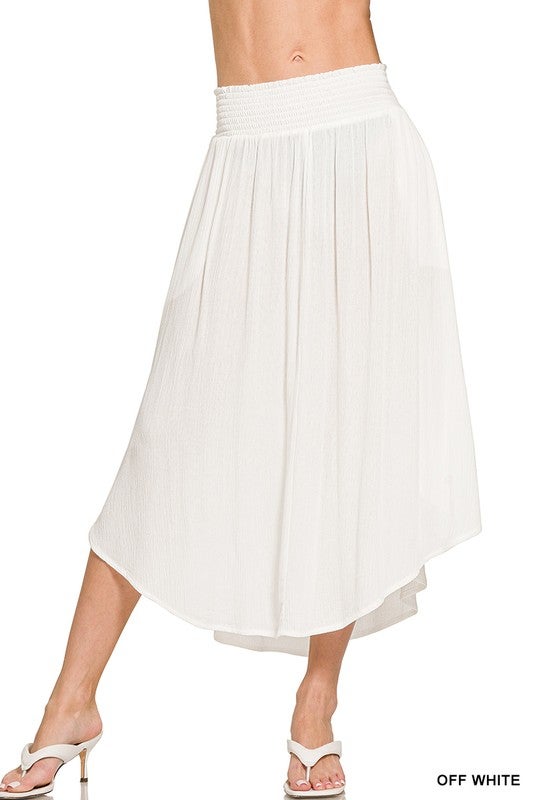 WOVEN CRINKLE SMOCKED WAIST MAXI SKIRT W POCKETS