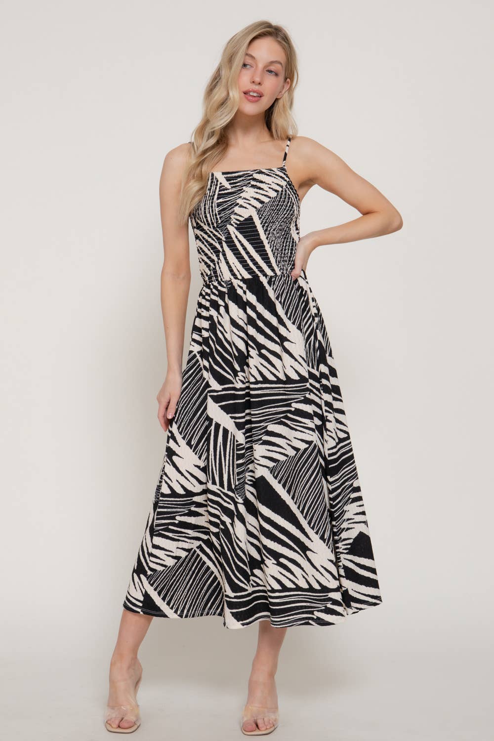 Smocking Detail Printed Texture Knit Cami Long Dress