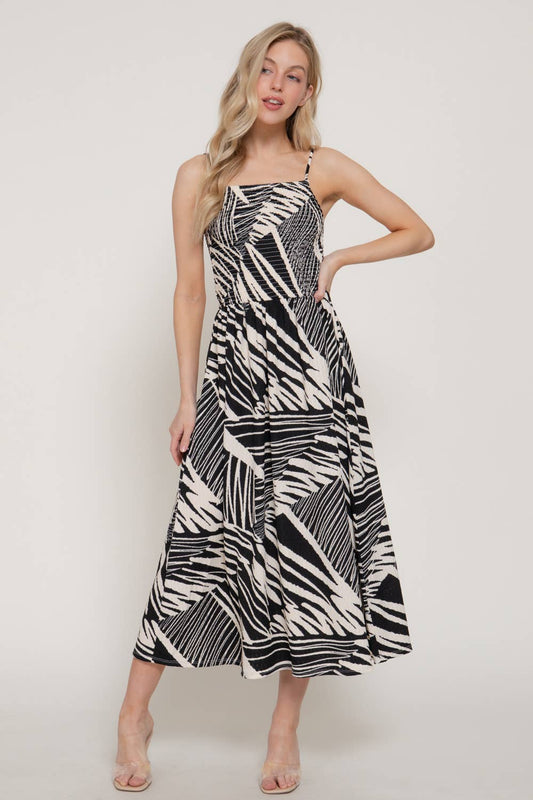 Smocking Detail Printed Texture Knit Cami Long Dress