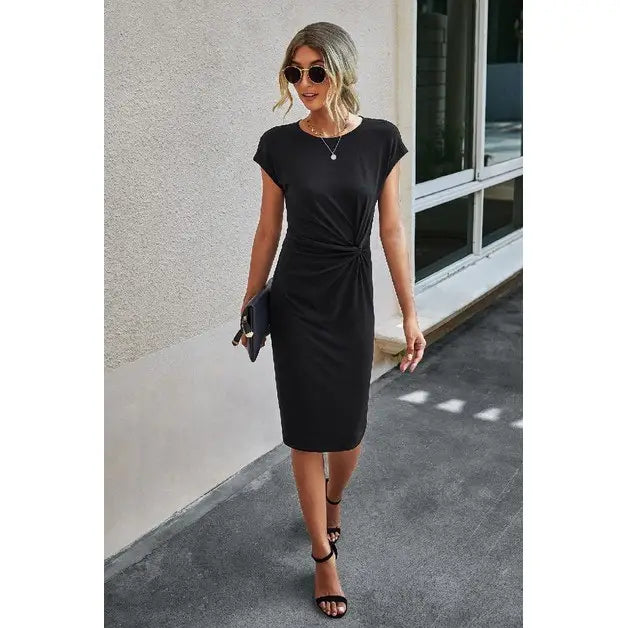 Solid Crewneck Short Sleeve High Waisted Fit Midi Dress