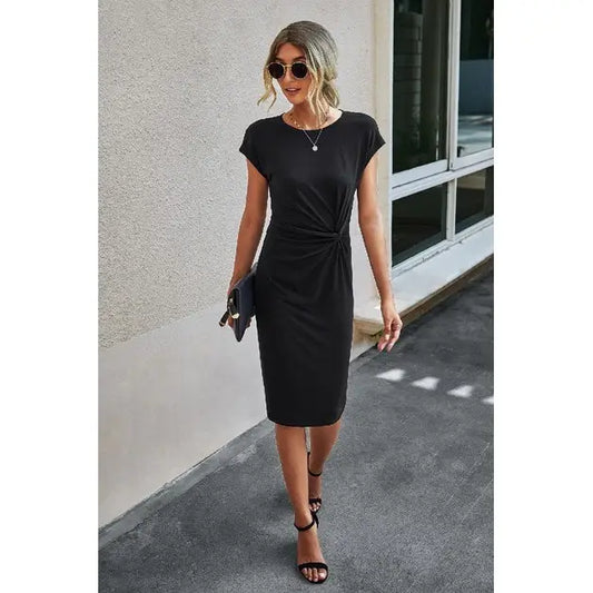Solid Crewneck Short Sleeve High Waisted Fit Midi Dress