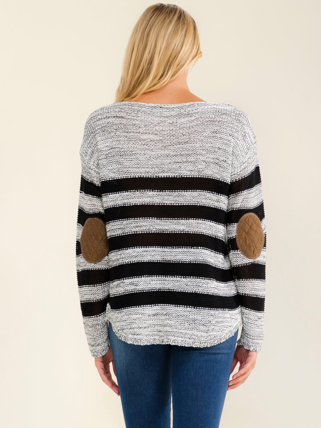 WOMEN'S LONG SLEEVE ELBOW PATCH COLORBLOCK STRIPES SWEATER