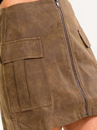 Women's zip up front pockets pleather mini skirt