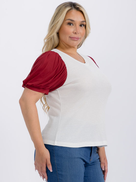 PLUS SIZE SHORT SLEEVE COLORBLOCK CONTRAST BLOUSE