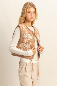 Women's sleeveless front tie floral embroidery puffer vest