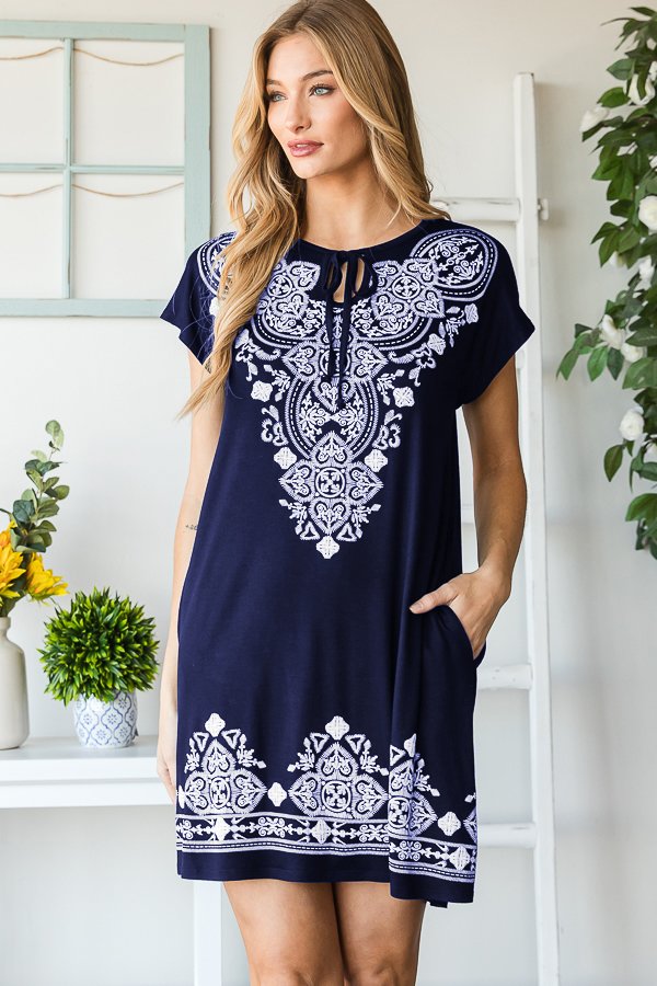 Plus Neck with Strap Solid Navy Mini Dress with Damask