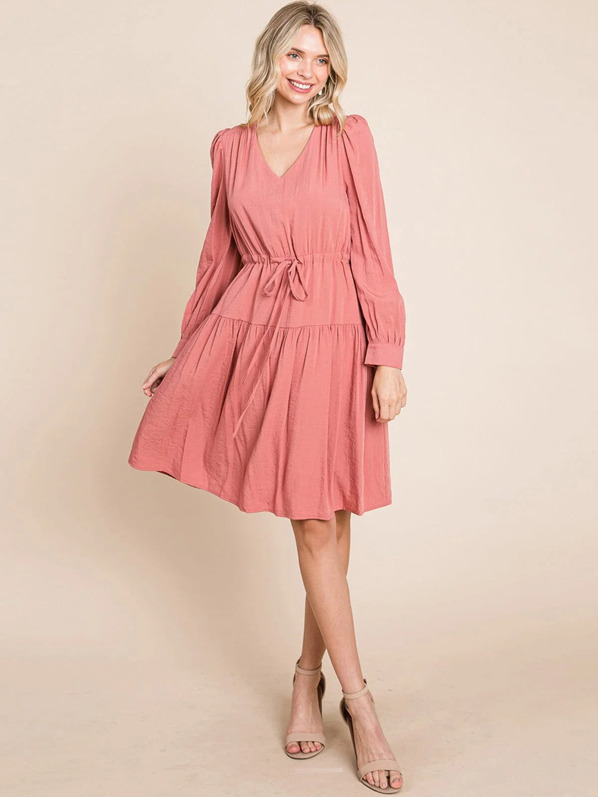 WOMEN'S LONG SLEEVE V-NECK MIDI DRESS