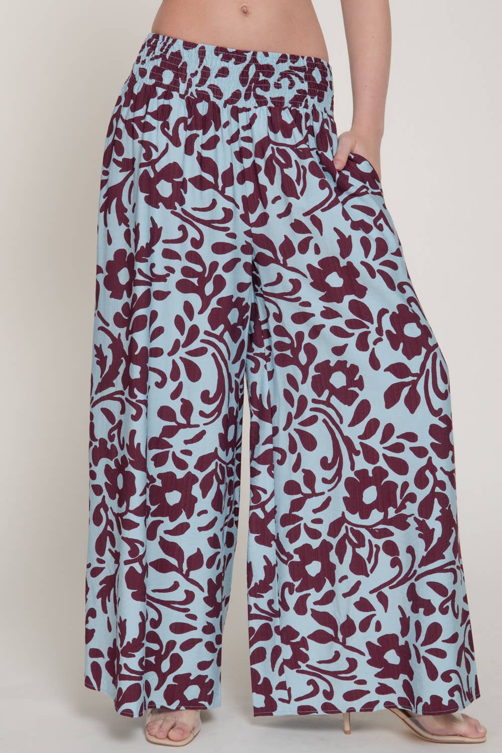 Smocking Detail Waistband Printed Woven Long Pants