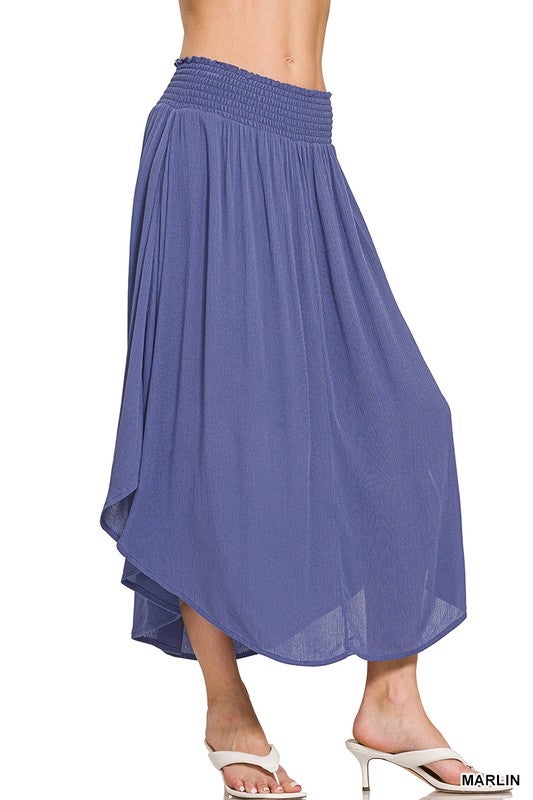 WOVEN CRINKLE SMOCKED WAIST MAXI SKIRT W POCKETS