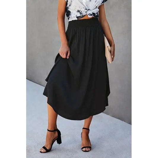Solid Shirred Elastic Waist A Line Flared Skirt