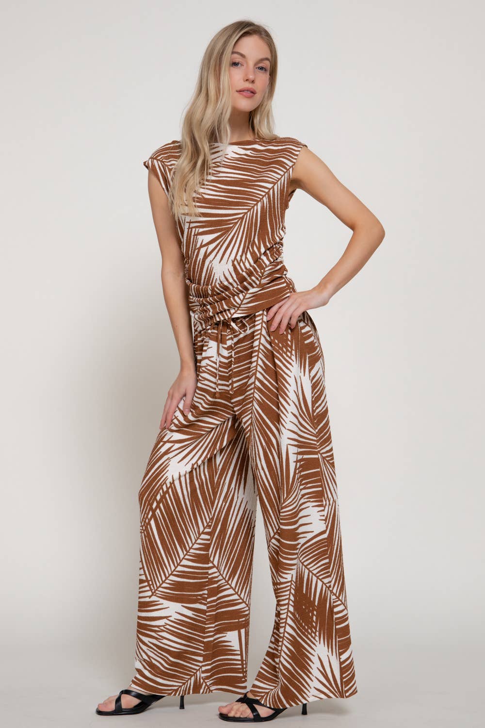 Texture Knit Print Sleeveless Ruched Top & Pants Set