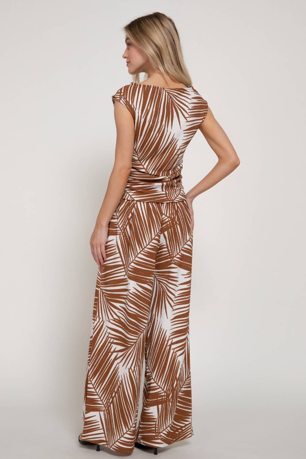Texture Knit Print Sleeveless Ruched Top & Pants Set