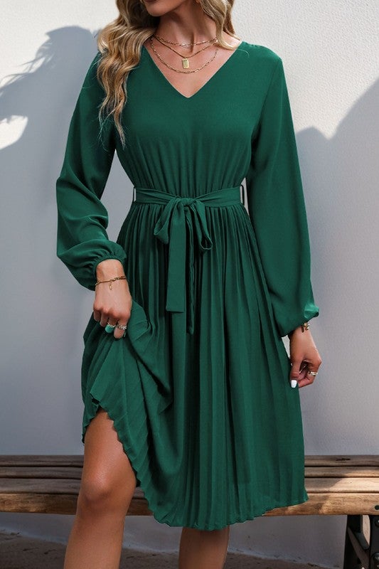 Pleated Hem A-Line Dress With Belted