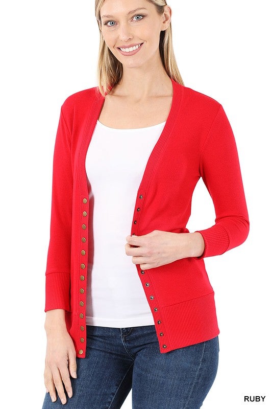 SNAP BUTTON SWEATER CARDIGAN 3/4 SLEEVE