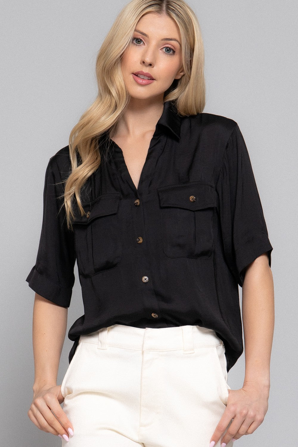 Short Sleeve Washed Dull Satin Shirt
