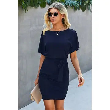 Boat Neck One-Shoulder Short Sleeve Tie Waist Dress