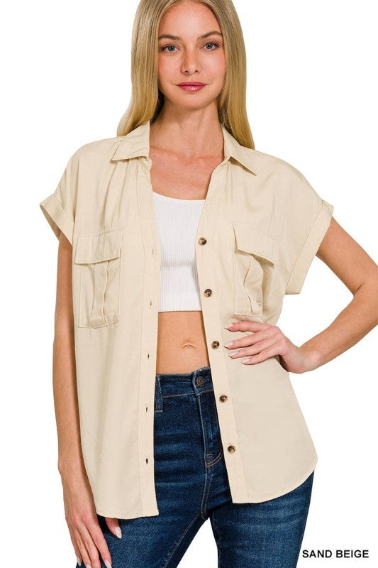 Tencel V-neck Collared Top with Front Flap