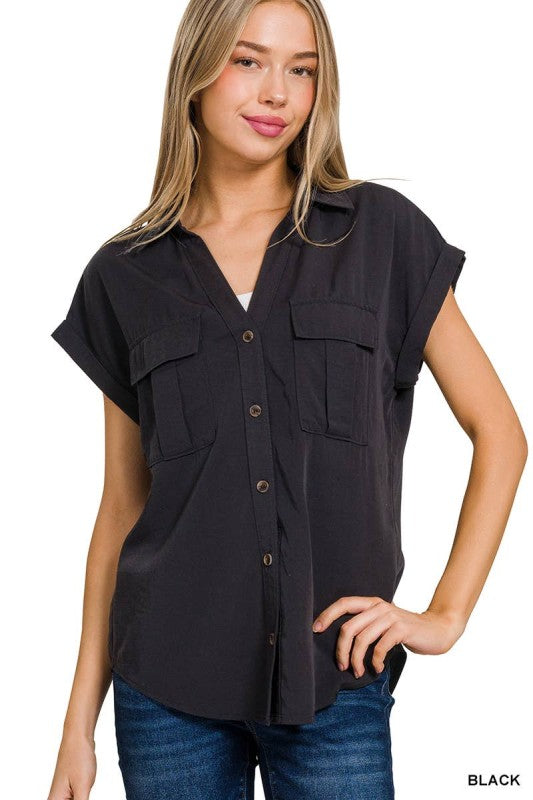 Tencel V-neck Collared Top with Front Flap