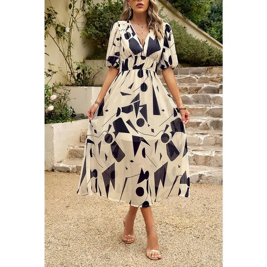 Bohemian V Neck Elastic Waisted Band Midi Dress