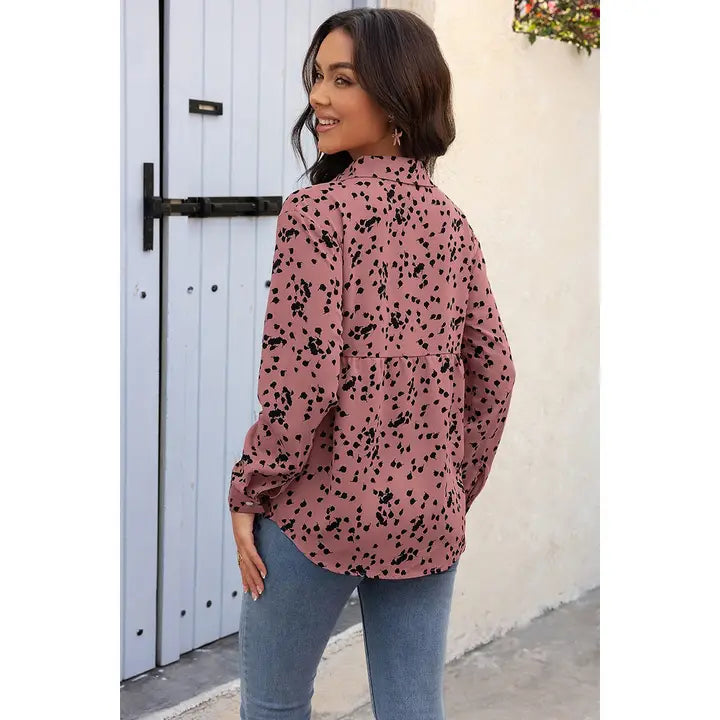 Allover Print V Neck Button Down Loose Blouse