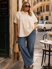 Short sleeve button up front pocket contrast blouse