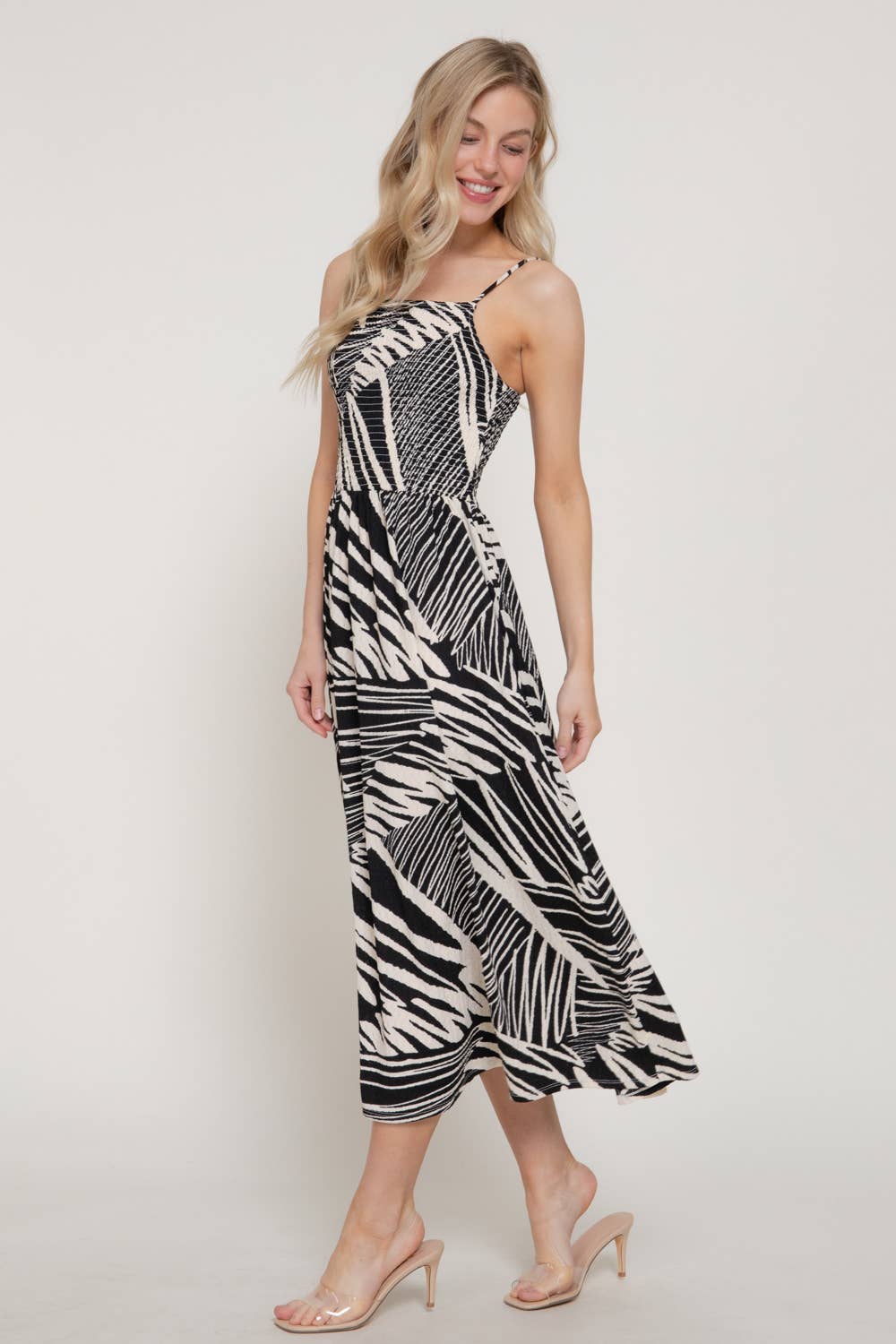 Smocking Detail Printed Texture Knit Cami Long Dress