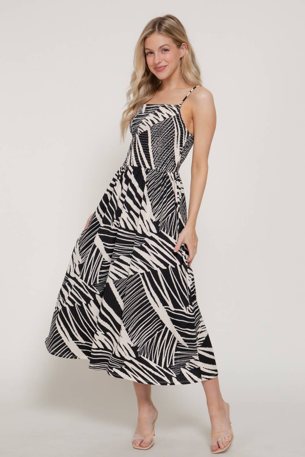 Smocking Detail Printed Texture Knit Cami Long Dress