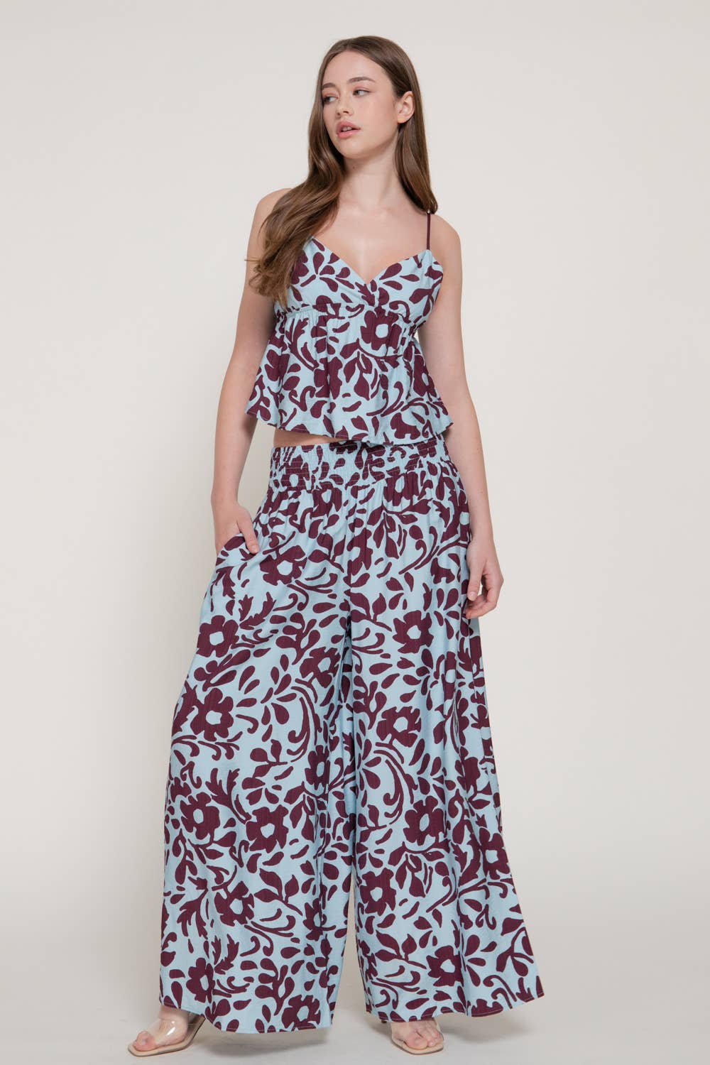 Smocking Detail Waistband Printed Woven Long Pants