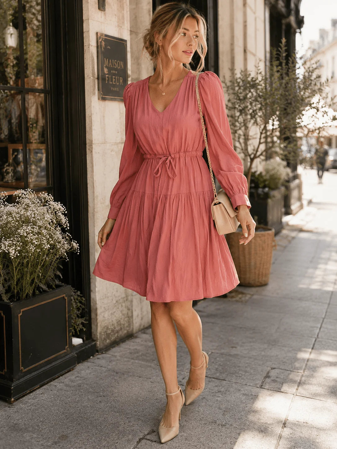 WOMEN'S LONG SLEEVE V-NECK MIDI DRESS