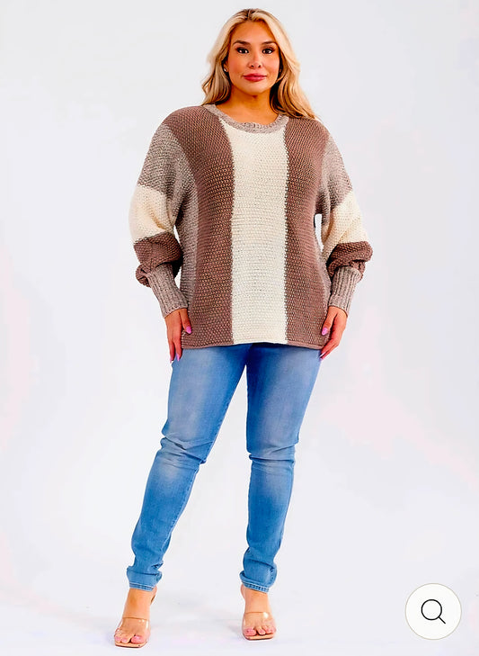 PLUS SIZE LONG SLEEVE COLORBLOCK KNIT PULLOVER SWEATER