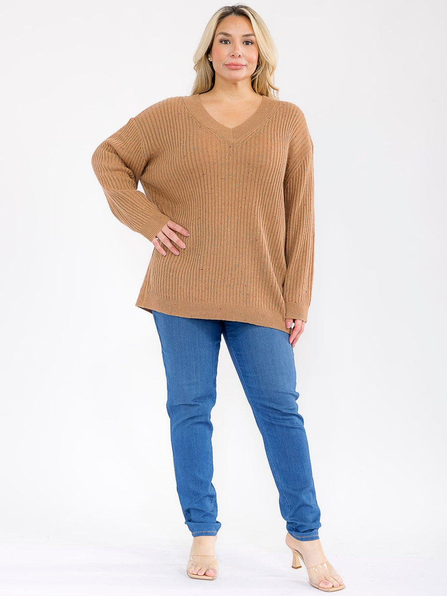 MOCHA PLUS SIZE  V-NECK PULLOVER KNIT SWEATER