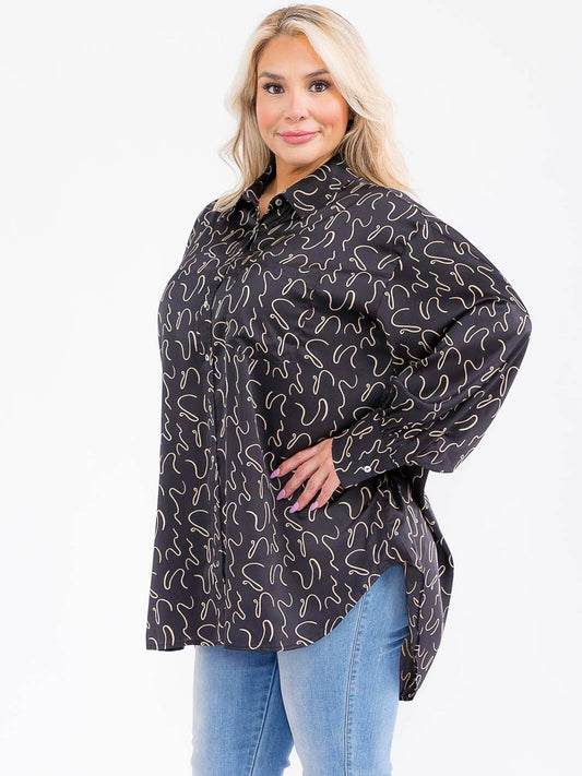 PLUS SIZE  BUTTON UP SWIRL  DESIGN  HIGH-LOW OVERSIZED BLOUSE