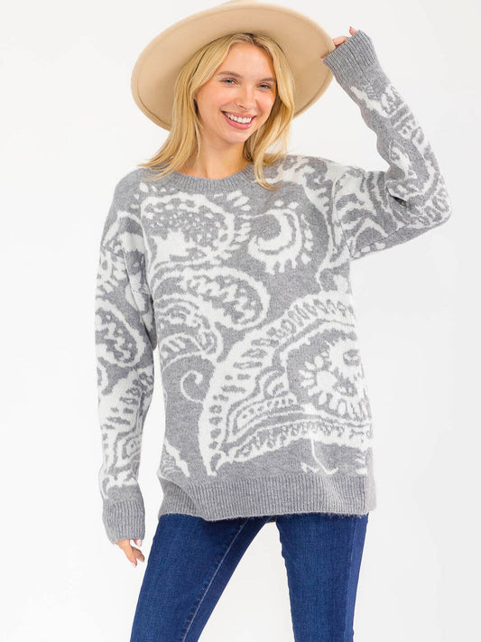 Gray & White Floral Long Sleeve Sweater