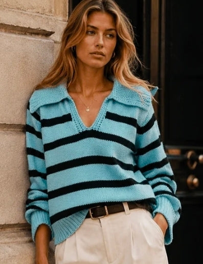 V-Neck Color Block Stripe Pullover Sweater